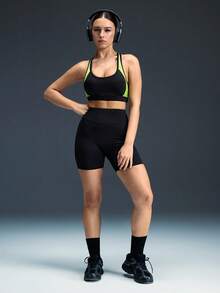 Powerista Soutien-gorge de sport d'été sans dos à col ras-du-cou bicolore pour femmes - Noir / Vert - Voir 6