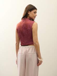 Women's Deep Maroon Sleeveless Stand-Up Collar Top (Chinese Style) - Dusty Pink - View 2