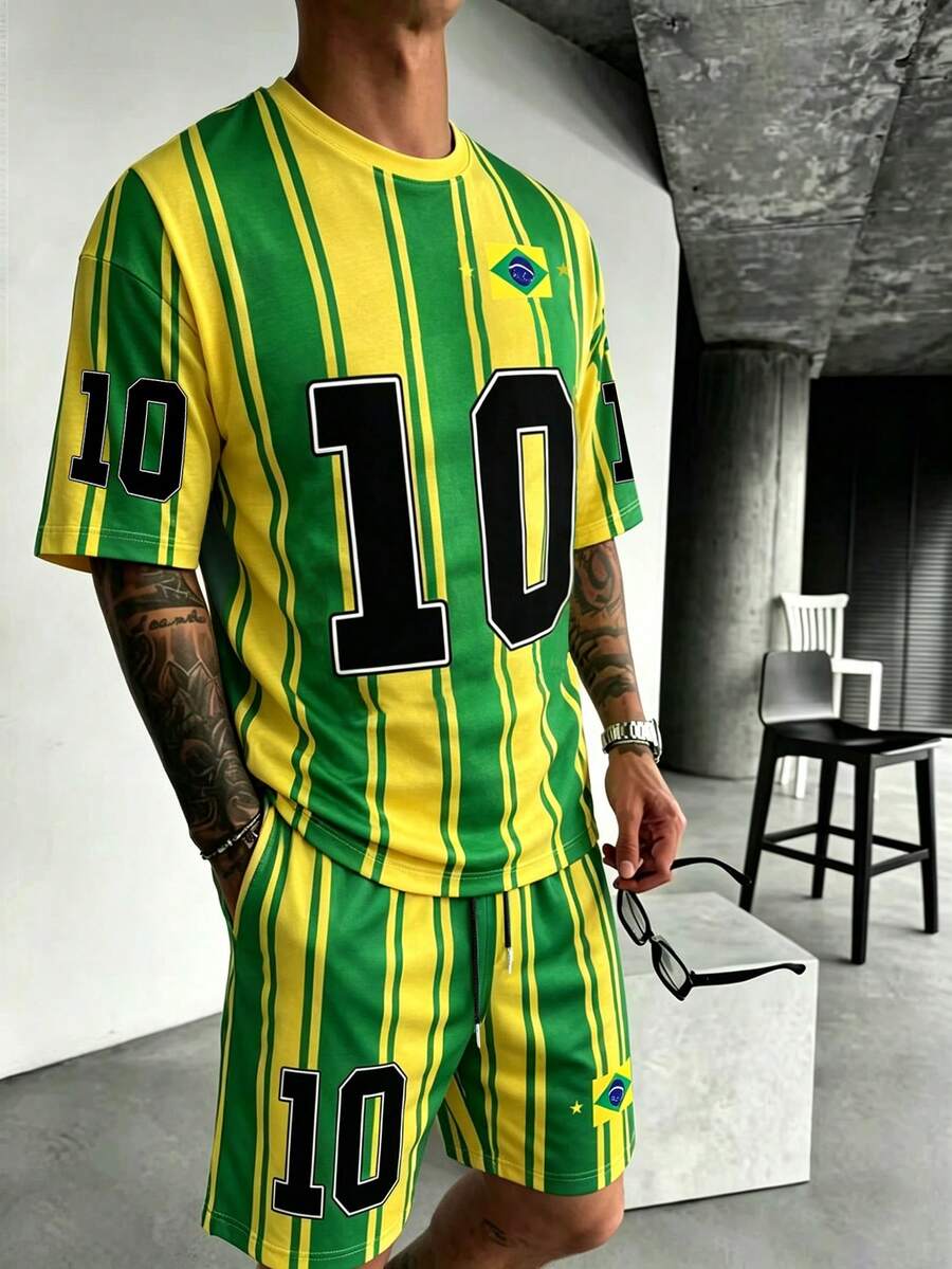 Manfinity Roghcode Men's Vintage Street Style No.10 Brazilian Flag & Text Graphic Round Neck T-Shirt Set - Multicolor - View 1