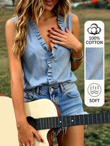 EMERY ROSE 女士纯色V领荷叶边休闲百搭日常上衣 - 藍色 - 查看 5