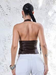Denimoi Top halter con cordones de piel sintética, tops sexy, atuendos de moda para conciertos, festivales de música, ropa de fiesta - Marrón - Ver 3