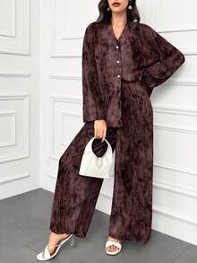 Modelyn Women's Batik Print Drop Shoulder Long Sleeve Top And Loose Casual Pants 2pcs Set, Spring Summer 2 Pieces Set - Brown - View 7