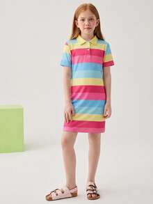 SHEIN Vestido de punto ajustado con cuello polo informal para niñas preadolescentes en primavera/verano - Multicolor - Ver 6