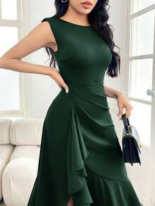Modelyn Đầm suông đơn giản không tay màu trơn thanh lịch dành cho nữ - Màu xanh lá cây đậm - Xem 4