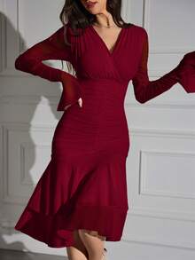 Modelyn Women V-Neck Wrapped Ruched Elegant Long Sleeve Dress Long Evening Dresses - Burgundy - View 5