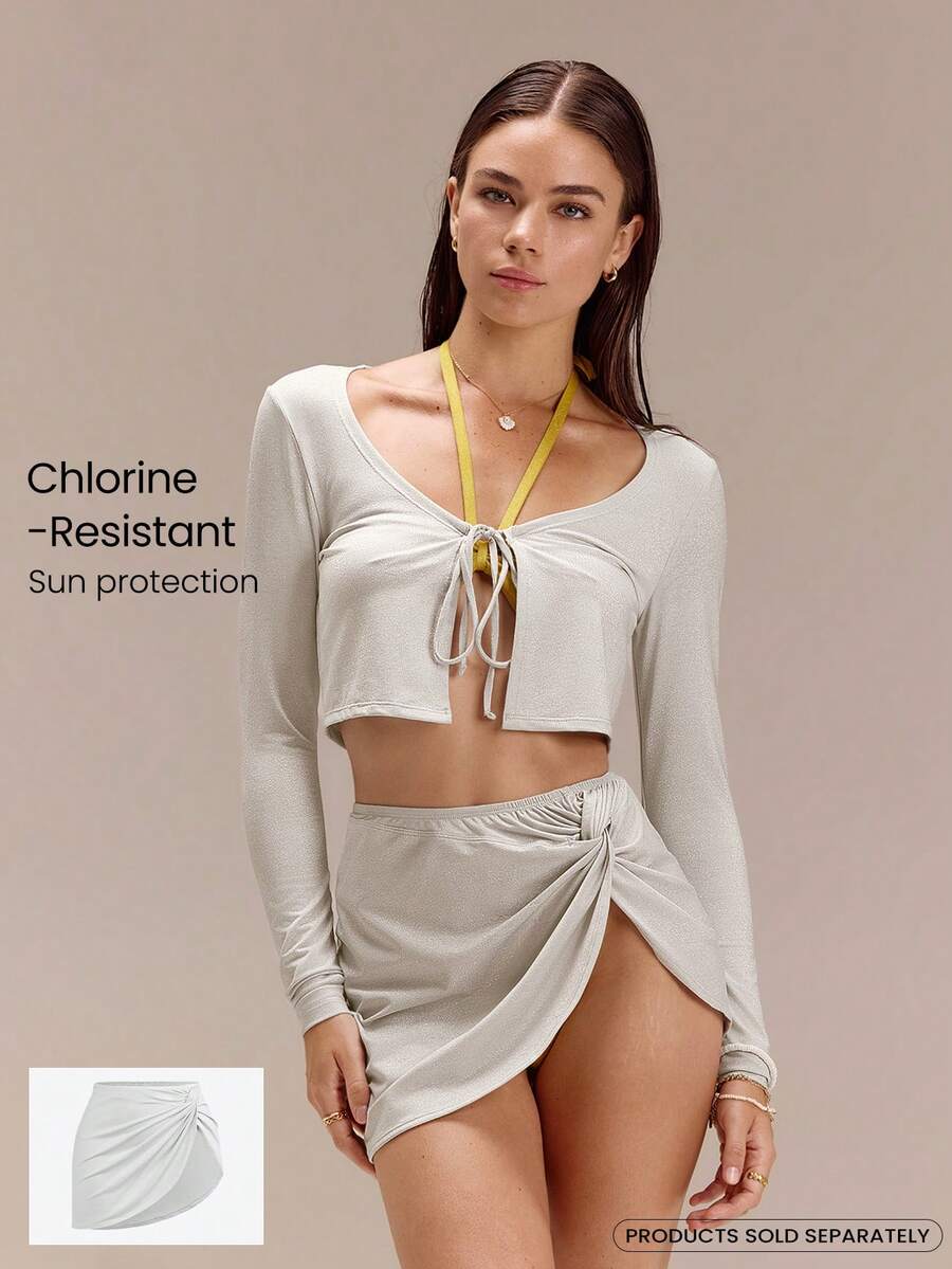 Chlorine-Resistant Glossy Getaway Sun-Protective Metallic Front-Twist Skirt Swimming Beach Pool Holiday Vacation Summer Wear - Light Grey - View 1