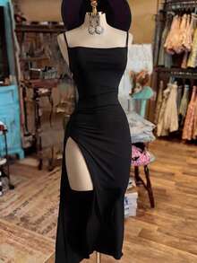 NostaNoir Women's Fashion Solid Color Slit Dress - Black - View 3