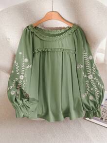 CosyJoli Camisa de manga larga con cuello redondo y estampado floral verde en talla grande - Verde - Ver 5