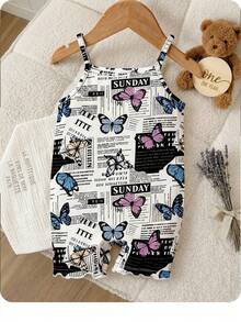 SHEIN Đứa bé gái Hình ảnh con bướm và khẩu hiệu Ren Mộc nhĩ Cami Romper - Nhiều màu - Xem 7