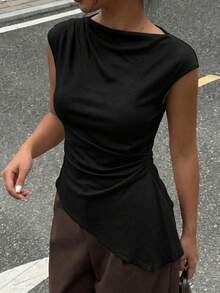 Siren Gaze Women's Solid Color Boat Neck Ruched Asymmetric Hem Blouse,Summer Top - Black - View 4