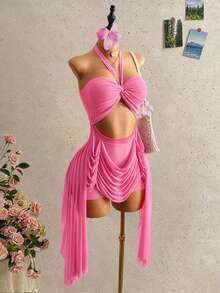 SHEIN BamGlam 女士新款性感露肩吊带连衣裙，Y2K复古风，甜辣混搭，薄纱面料，露肩设计，吊带款式，性感镂空设计，透明雪纺面料，度假风，2026时尚，| 服装，不对称流苏设计，适合海滩度假穿着 - 玫紅色 - 查看 3