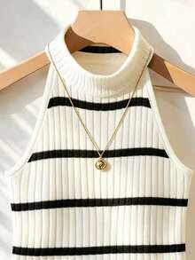 Franclia Áo tank top nữ dáng suông, không vai, chất liệu gân, thích hợp cho mùa hè. - Đen và trắng - Xem 4