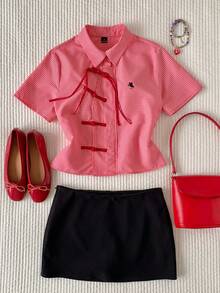 SHEIN Comfortcana Spring/Summer New Chinese Style Women Red Plaid Button-Up Shirt, Suitable For Music Festivals, Street Style, Casual, College, And Commute Wear - Red - View 6