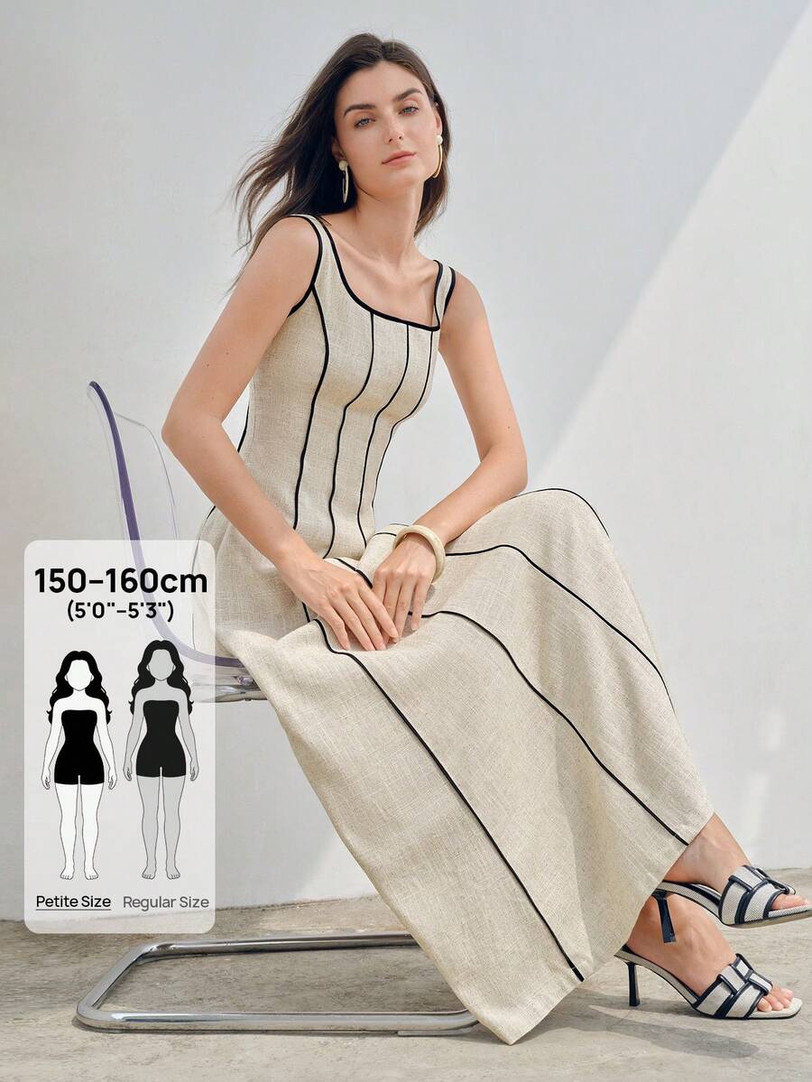 MOTF Petite ĐẦM VẢI LINEN VIỀN TƯƠNG PHẢN, XUÂN/HÈ - Màu be - Xem 1
