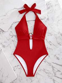 Swim SXY Women's Solid Color Deep V-Neck Sexy One-Piece Metallic Decor Swimsuit For Beach Vacation - Red - View 3