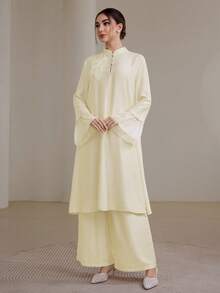 Graceveil 2pcs/Set Women Elegant Stand Collar Ruffle Cuff Long Sleeve Set Modest - Light Yellow - View 7