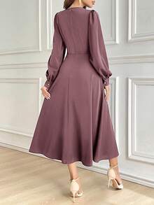 Modelyn Women's Solid Color Round Neck Lantern Sleeve Pleated Elegant Mid-Length Dress Long Evening Dresses - Dusty Pink - View 3