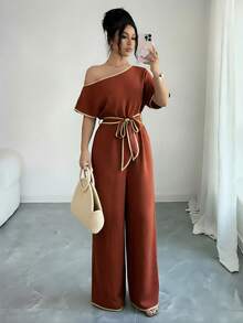 Rafferiza Quần ống loe thoải mái, cổ bất đối xứng, chất liệu mềm mại, cạp chun co giãn, màu kaki, thích hợp cho kỳ nghỉ xuân/hè. - Gỗ đỏ - Xem 6