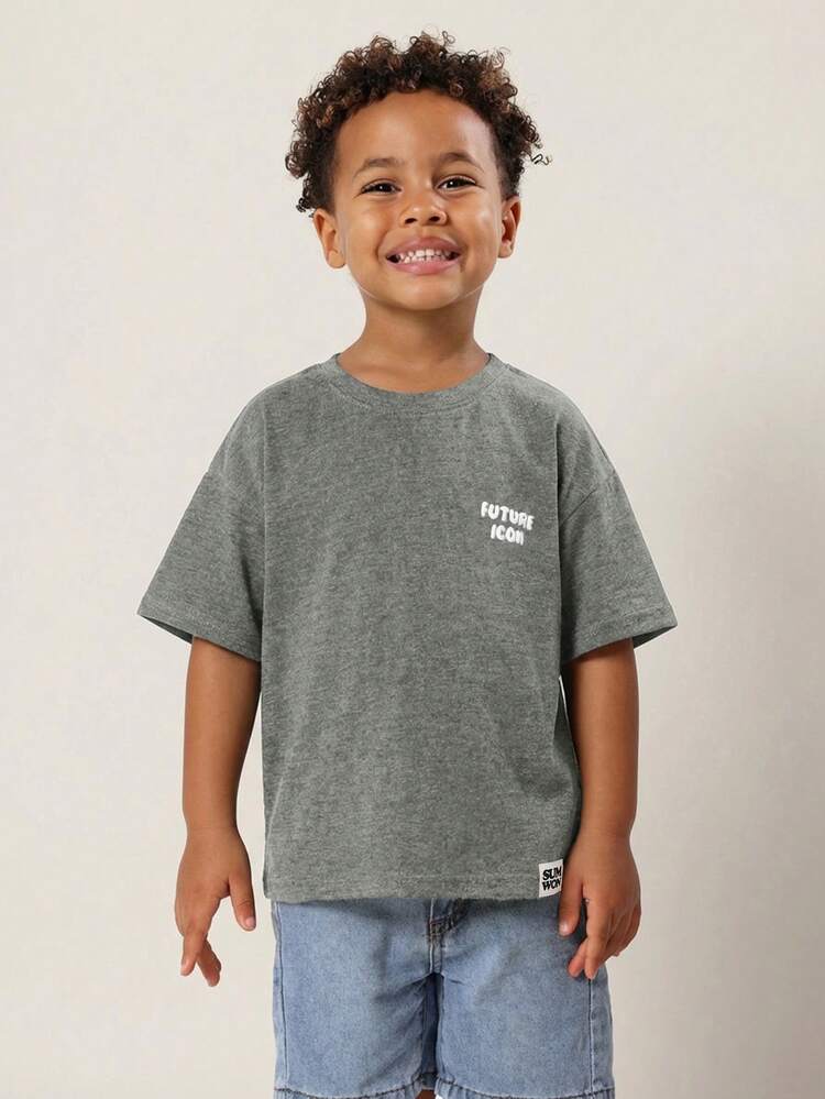 Camiseta Casual de Manga Curta com Texto Impresso "Future Icon" para Meninos, Conforto Diário
