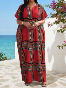 SHEIN Lady Women's Striped V-Neck Loose Casual Mid-Length Dress For Vacation,Summer Dresses For Women - Multicolor - View 1