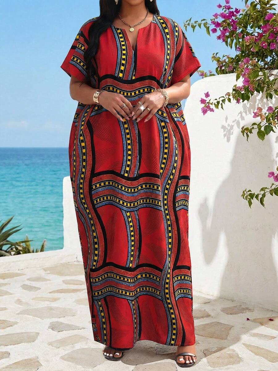 SHEIN Lady Women's Striped V-Neck Loose Casual Mid-Length Dress For Vacation,Summer Dresses For Women - Multicolor - View 1