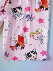 THE POWERPUFF GIRLS X SHEIN 少女卡通印花短袖上衣和短裤修身家居服 - 粉色 - 查看 6