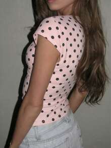Women's Fashion Casual Retro Minimalist Versatile Lace Patchwork Polka Dot Short Sleeve T-Shirt - Pink - View 2