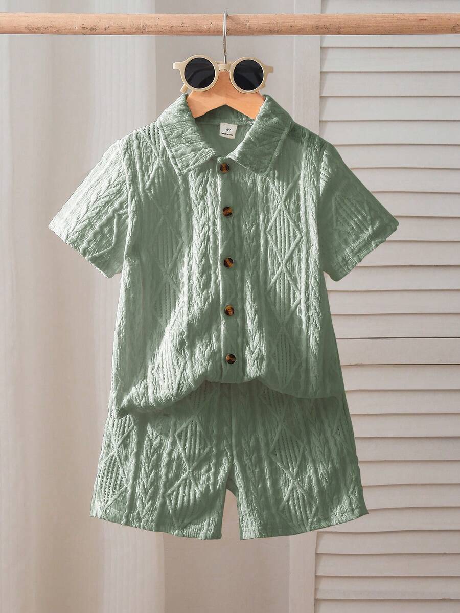 Souflis Souflis 2pcs Young BoyTextured Stripe Knit Shirt And Shorts Set, Suitable For Casual Daily, Travel And Holiday Wear, Summer - Green - View 1