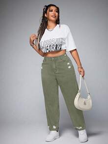 SHEIN ICON Plus Size Women Casual Everyday Wear Distressed Button Pocket Design Denim Jeans Date Night Sage Green Summer - Green - View 3
