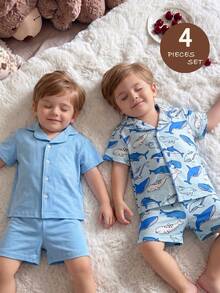 LMoss Kids 4 Stücke Baby Jungen süßer Cartoon Dinosaurier Muster einfarbig Hemd mit Kragen und Knöpfen, kurze Ärmel, kurze Hose, locker und bequem Pyjama Set - Verschiedenfarbig - Übersicht 3