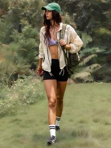 WanderVale 女士抽绳连帽拉链休闲百搭轻便外套，适合日常穿着 - 杏色 - 查看 5