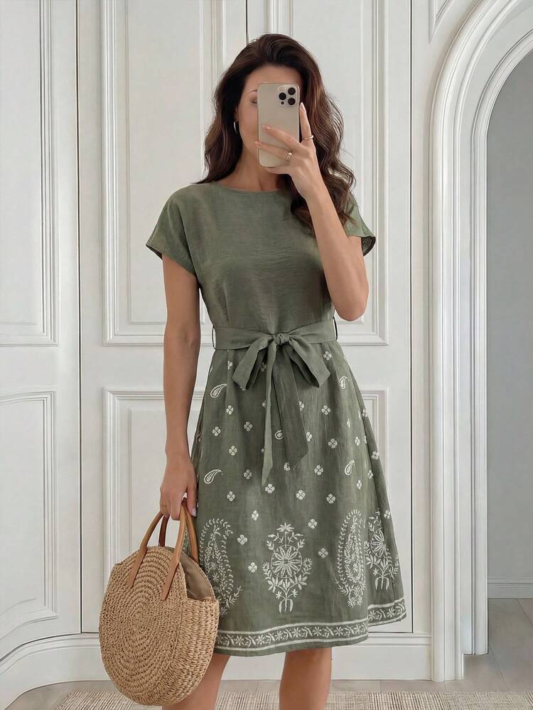 Women's Casual Round Neck Cap Sleeve Cashew Print Dress,Summer Dresses For Women Dress For Women Casual Dresses For Women Summer Elegant Dress For Women New Arrival Zanea Dress,Summer Dress,Beach Outfits For Women,Vacation Outfits Women,Green Dress