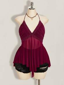 SHEIN ICON 大码不对称网纱拼接露背吊带背心（女款） - 紫色 - 查看 3