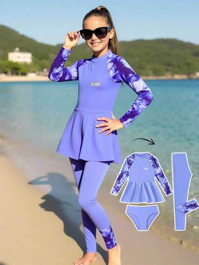 SHEIN Tween Girls Solid Color Long Sleeve Crew Neck Top, Fashionable For Summer Swimwear Girls 3 Piece Swimsuit Long Sleeve Girls Long Sleeve Swimsuit Set Girls Rash Guard Set Long Sleeve Swimsuit With Leggings Girls Modest Swimsuits For Girls Girls Long Sleeve Pants Swimsuits Skirt 2-Pieces Rash Guard Set Sun Protection UV 50+
