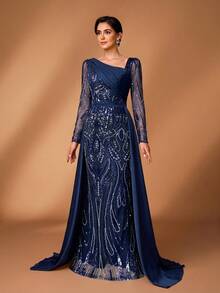 Serin Elegant Navy Blue Winter Formal Evening Wedding Dress,Luxurious Middle Eastern Sequin Mermaid Hem Gown,High-End Satin Sleeve Mother Of The Bride Dress - Navy Blue - View 6