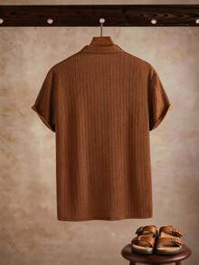 Core Aspect Men's Solid Color Short Sleeve Single-Breasted Casual Shirt Brown Beach Shirt Shirts For Men Casual Vintage Outfit For Men/Men's Casual Brown Collared Short Sleeve Shirt With Unique Textured Fabric For A Modern Look/Short Sleeve Shirt Men/Brown Casual Shirt - Brown - View 2