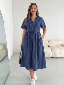 SHEIN Essnce Plus Size Summer Casual Notched Neck Striped Button Decor Dress - Multicolor - View 6
