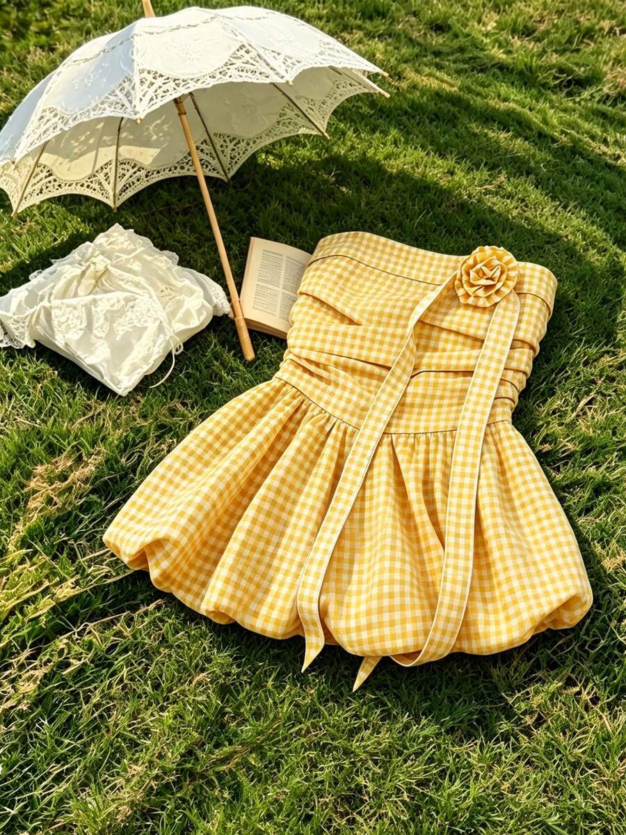 GlowEve Women's Loose Fit Gingham Crop Top In Fresh Yellow - Yellow - View 1