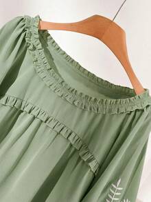 CosyJoli Camisa de manga larga con cuello redondo y estampado floral verde en talla grande - Verde - Ver 4
