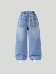 SHEIN Elladie kids 千禧年风格女童牛仔裤，新款时尚白色爱心刺绣复古中蓝色水洗宽松直筒牛仔裤，面料柔软舒适，休闲街头风，女童牛仔裤 - 藍色 - 查看 3