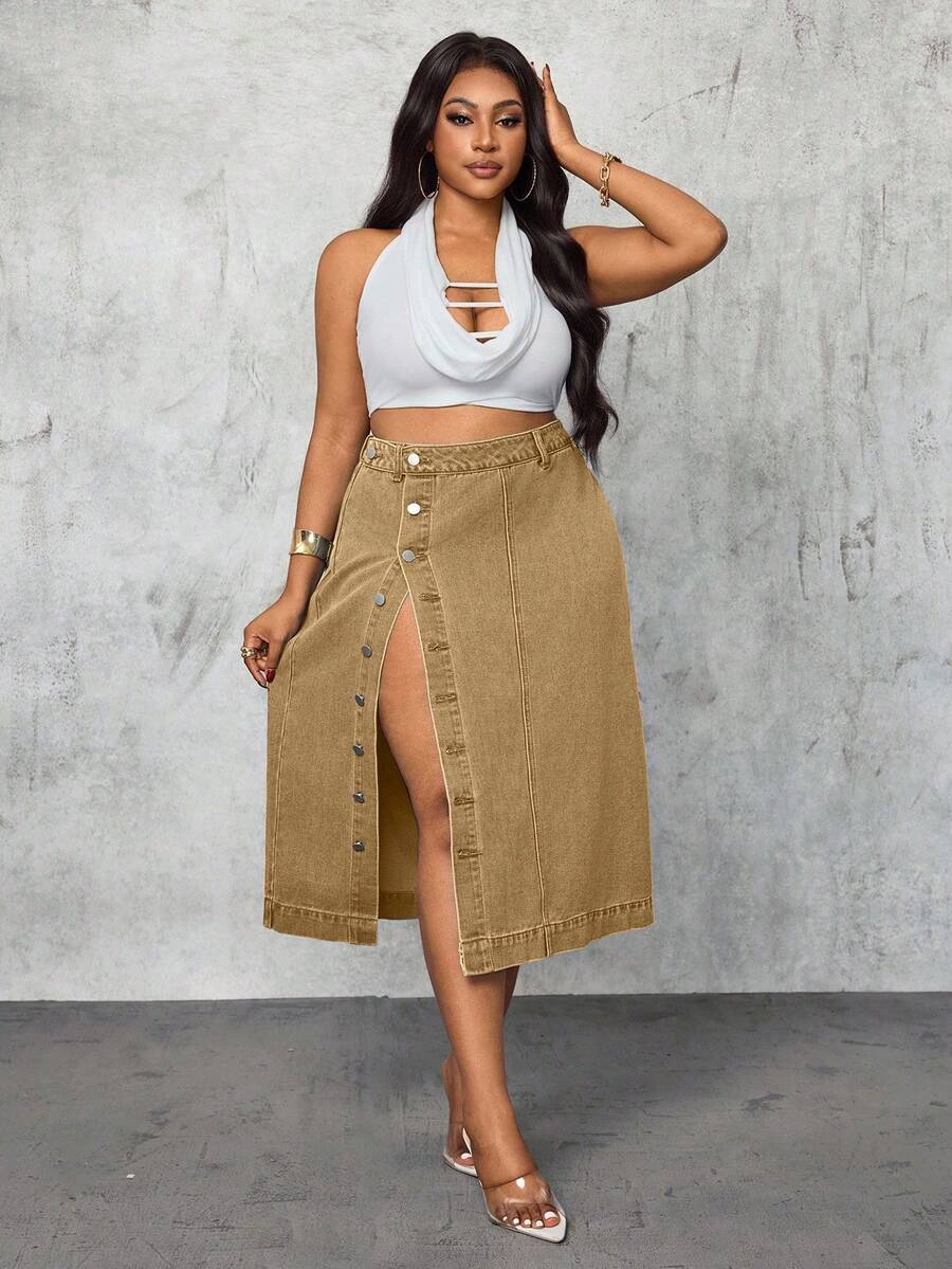 Slaydiva Bộ trang phục cao bồi cho nữ cỡ lớn, váy denim xanh xẻ cao gợi cảm, trang phục mùa thu cho nữ. - Màu Khaki - Xem 1