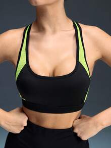 Powerista Soutien-gorge de sport d'été sans dos à col ras-du-cou bicolore pour femmes - Noir / Vert - Voir 2