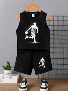 Bộ 2 món đồ chơi thể thao cho bé trai, gồm áo không tay và quần short in hình cầu thủ bóng rổ, thoải mái mặc hàng ngày vào mùa xuân và mùa hè. - Nhiều màu - Xem 7