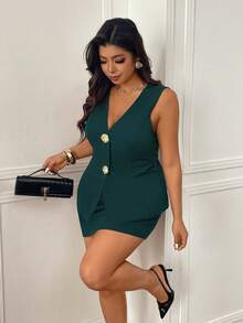 Femmeverse Plus Size Summer Elegant Commuter Gold Button Vest & Mini Skirt Set - Dark Green - View 7