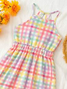Girls' Colorful Plaid Sleeveless Halter Dress - Multicolor - View 5