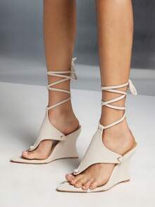 SHUZIA Ladies Thong Style Tie-Up Strap Wedge Sandals - White - View 2