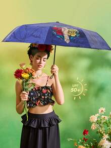 Frida Kahlo X SHEIN 1把印花图案雨伞，UPF 50+ 防紫外线，适合学校、工作、户外活动和日常使用，专为大学生、高中生、男女设计，墨西哥风格，热带花卉、蝴蝶、弗里达·卡罗、复古艺术，展现女性力量。 - 灰藍色 - 查看 2