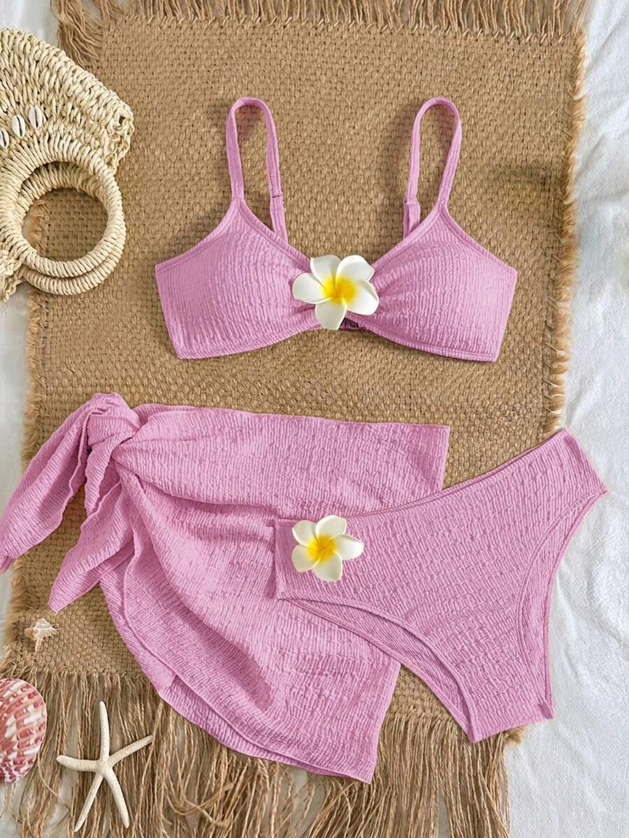 SHEIN 少女花卉装饰吊带比基尼套装,夏季海滩度假 - 粉色 - 查看 1