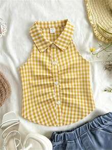 SHEIN Kemeja Pendek Anak Perempuan (Ukuran Besar) Musim Semi/Panas Motif Liburan Pedesaan Prancis yang Manis dan Imut Tanpa Lengan dengan Kerah Halter dan Kancing, Motif Kotak-kotak Merah - Kuning - View 2