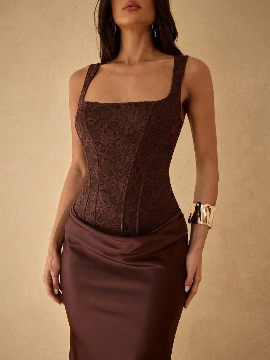 SHEIN x Luisa Sonza Silquee 米色优雅蕾丝拼接连衣裙 - 咖啡 - 查看 1